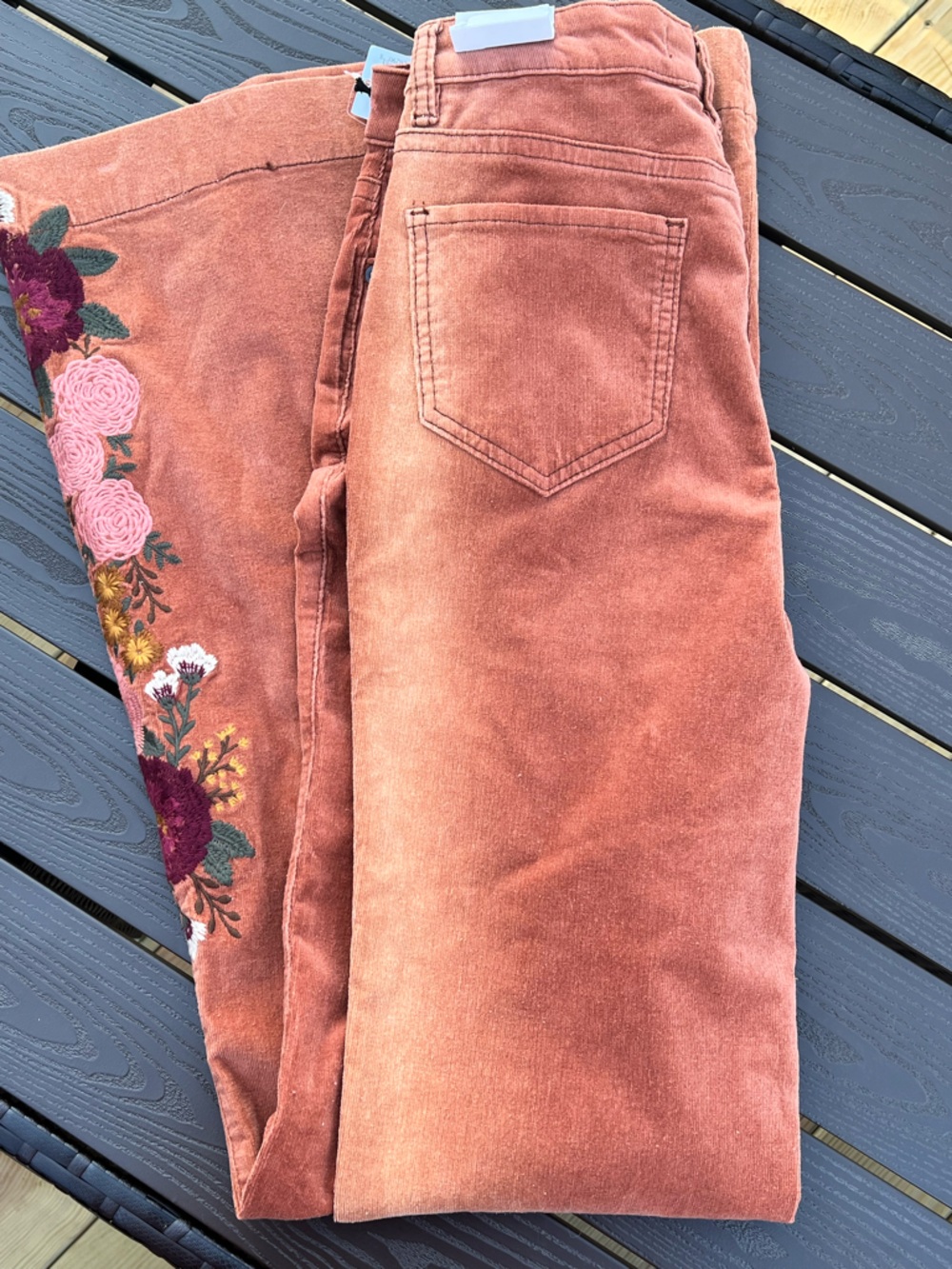 Rust Corduroy Boot-Cut Pants with Floral Embroidery - Picture 12 of 12